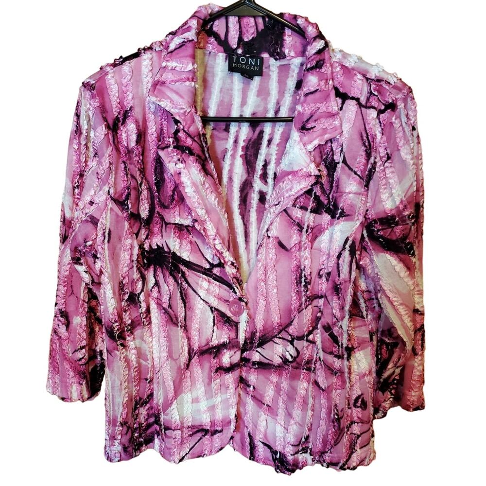 Toni Morgan Womens Size PL‎ Blazer Jacket Pink Ruffle Textured 3/4 Sleeve